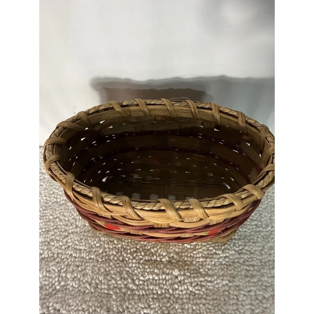 Vintage Woven Wicker Strawberry Basket Oval Hand Painted Cottagecore Decor